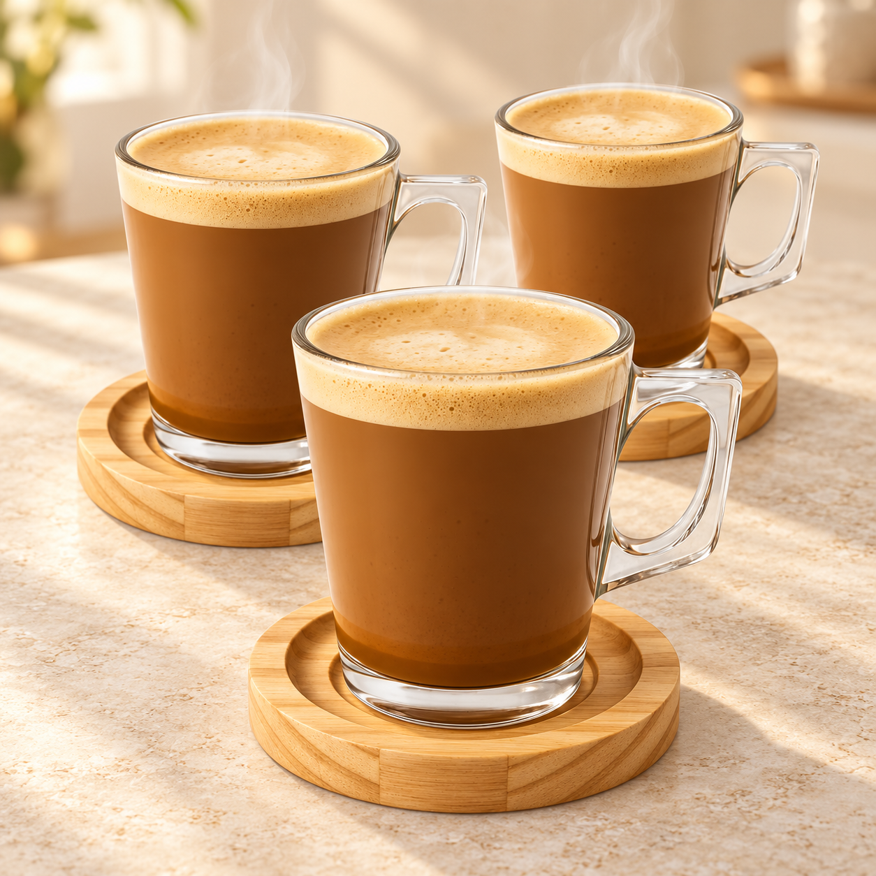 Jogo 6 Xicaras Café Capuccino Com Pires Madeira Caneca Vidro